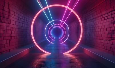 Glowing neon ring light in tunnel. 3d render. Futuristic abstract wallpaper. 