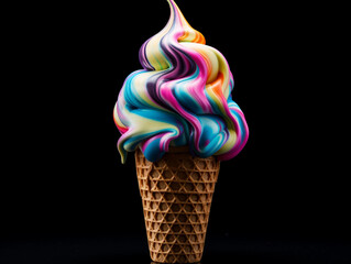 Canvas Print - Multicolored Swirl Ice Cream Cone on a Black Backgroud