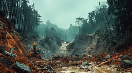 Poster - Heavy landslide fall down rock and big trees dark. Generative AI.