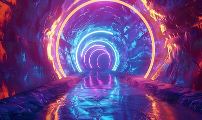 Wall Mural - Glowing neon ring light in tunnel. 3d render. Futuristic abstract wallpaper. 