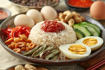 A delicious plate of nasi lemak, a popular Malaysian breakfast dish.