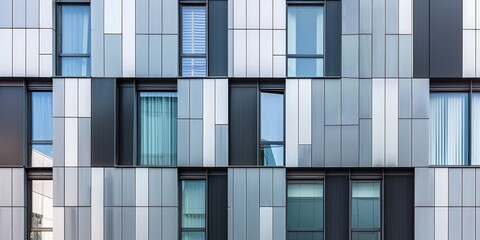 Sticker - Abstract building facade with striped gray and white panels in a modern architectural design