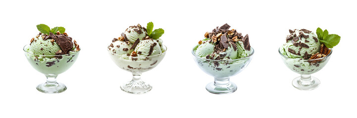 Set Mint ice cream with chocolate and mint leaves in a glass bowl, isolated on a white background