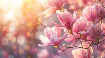 Wall Mural - Blooming magnolia tree in spring on pastel bokeh blue sky and pink background, wide composition, internet springtime banner