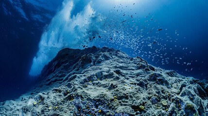 a seamount with a summit just below the ocean surface, teeming with life