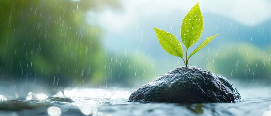 Poster -  A green leaf emerges from a rock in the midst of a water body, as rain falls around it