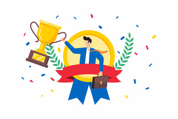 Poster - flat illustration of businessman holding trophy badge with confetti