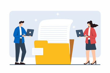 Poster - flat illustration of business people working with paper document file folder