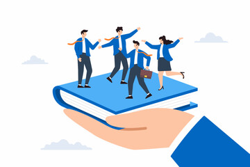 Poster - flat illustration of businessman hand holding handbook with new employees