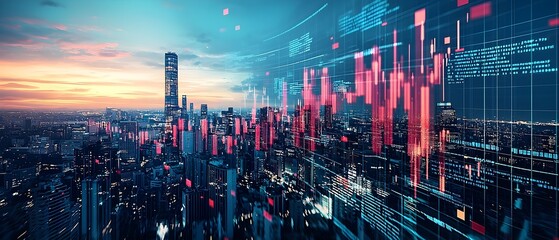 Poster - futuristic abstract view of a city skyline with overlaying digital visualizations of economic data a