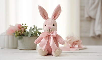 Wall Mural - Pink Bunny Stuffed Animal on White Table