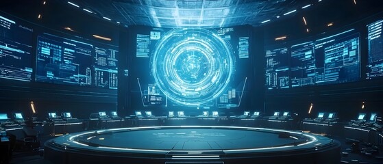 Poster - futuristic legislative chamber featuring a high tech digital interface for reviewing economic policy