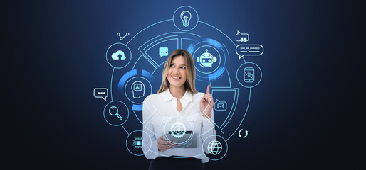 Poster - Businesswoman finger point AI hologram, chat bot assistant and generator