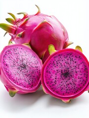 Two halves and one whole red dragon fruit on white background