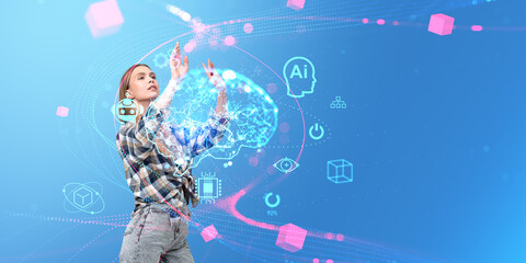 Poster - Woman hands touch AI brain hologram, chat bot icons and connection in metaverse