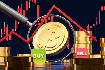 Poster - Bitcoin trading concept with buy and sell options against fluctuating graph. 3D Rendering