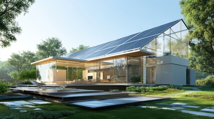 A solar-powered smart home with transparent solar panels and energy-efficient systems, showcasing sustainable living in the future. --ar 16:9 --v 6.1 Job ID: 2351c568-e779-4fd5-8b29-05b7a0ffda27