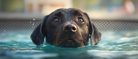  A tight shot of a dog swimming, head elevated above pooled water's surface