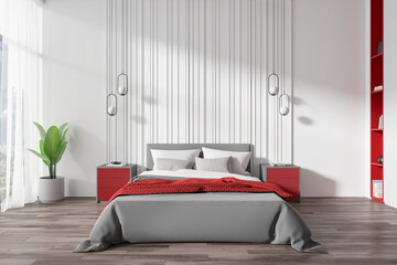 Sticker - Modern bedroom interior with red accents and green plant. 3D Rendering