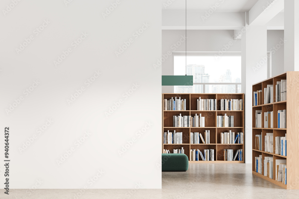 Empty Library Modern Modern library interior with blank wall for mockup. 3D Rendering Stock ...