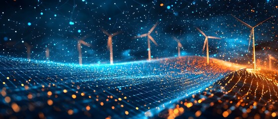 digital showcasing the growth of renewable energy infrastructure such as wind turbines and solar panels driven by economic policy and environmental initiatives