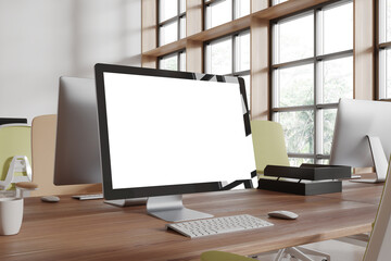 Poster - Office coworking interior with pc computer on table with mockup display
