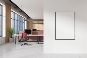 Wall Mural - Colored office room interior coworking and panoramic window. Mockup frame