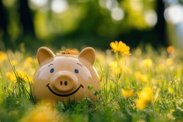 Smiling piggy bank in a vibrant meadow with yellow flowers symbolizing savings, growth, and financial prosperity.