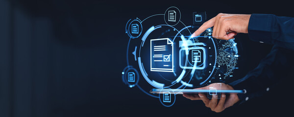 Fototapete - Digital document management with holographic icons on tablet screen in dark background.