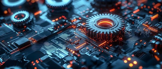 Poster - photographic concept depicting an abstract rendering of economic policy and its driving influence on technological innovation represented by gears turning digital circuits and electronic components