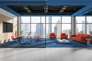 Sticker - Modern office interior with city view background and colorful furniture. 3D Rendering