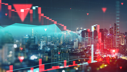 Poster - Financial crisis chart with cityscape in background.