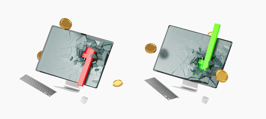 Poster - Broken pc monitors and stock market chart with candlesticks, online trading