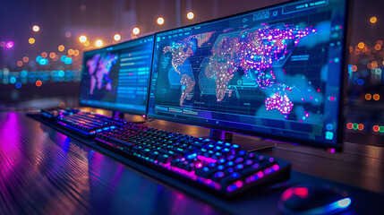 Futuristic Dual Monitors with World Map and Neon Lighting