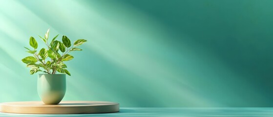 Wall Mural -  A potted plant atop a blue table, its wooden stand elevating it; a green wall in the background