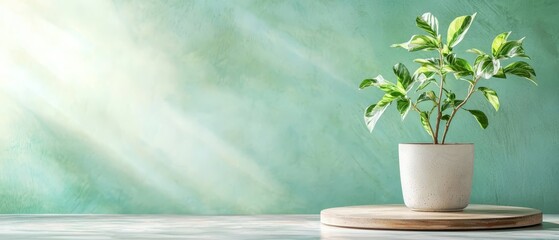 Sticker -  A potted plant atop a wooden stand, positioned in front of a blue-green wall within a room