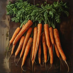 Canvas Print - a lifelike image of a bunch of carrots with their green tops still attached. They rest on a rustic wooden surface