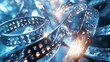 © Sinechana - 1. Movie film reel, silver metallic finish, dynamic motion, curling film strip, perforated edges, cinematic background, blue gradient backdrop, lens flare effect, bright light beam, multiple