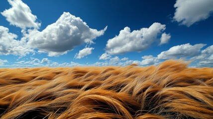 A golden field of wheat sways gently under a bright blue sky with fluffy white clouds, capturing the beauty of nature in motion.