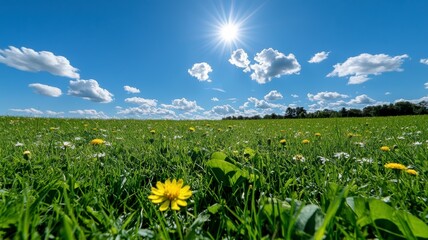 A vibrant field under a bright sun with scattered clouds, showcasing blooming flowers and lush green grass.