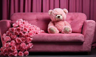 Wall Mural - Pink Teddy Bear with Roses on Couch