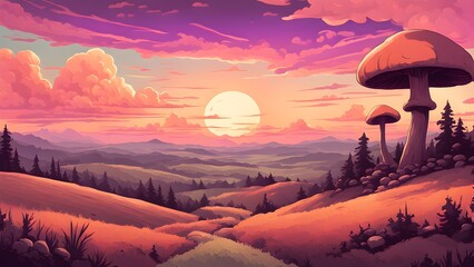 A beautiful landscape with a large mushroom