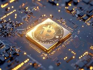 Bitcoin-Münze auf einer Computerplatine - Kryptowährung und Technologie