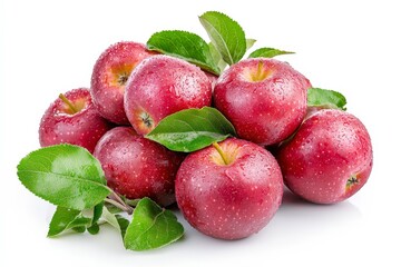 Wall Mural - A pile of fresh red apples with green leaves, glistening with water droplets.