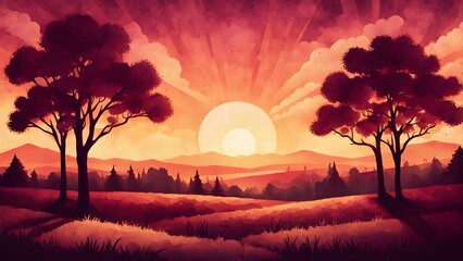 A painting of a sunset with two trees in the foreground