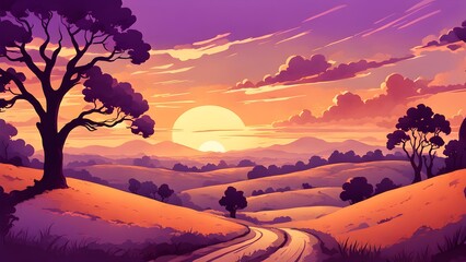 A beautiful landscape with a road leading to a sunset