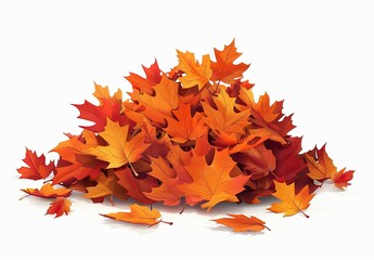 Pile of Vibrant Autumn Leaves on White Background, A colorful pile of autumn leaves featuring various shades of red, orange, and yellow, isolated on a white background.

