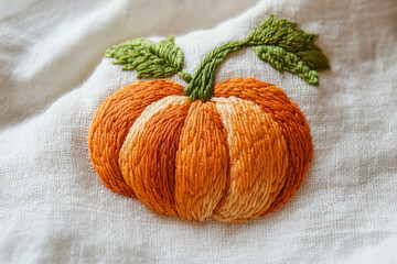 Halloween pumpkin embroidery on a white cotton cloth