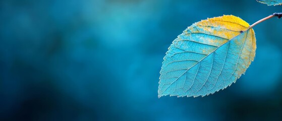 Wall Mural -  A tight shot of a green-yellow leaf on a twig against a softly blurred backdrop of blue and green