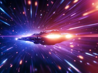 futuristic spaceship traveling at warp speed through a vibrant nebula.